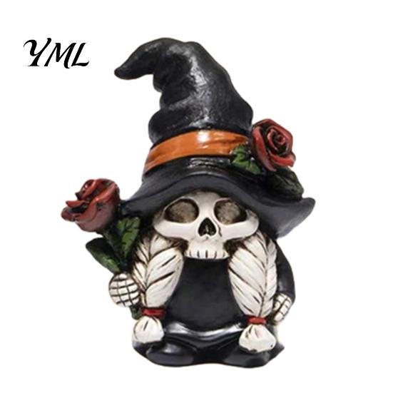 Spooky Shelf Decoration Halloween Skeleton Gnome Figurine, Gothic Witch Hat Dwarf Statue, Figurine Holding Rose Sculpture for Party Decor