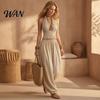V-neck Women Top Women's Halter Sleeveless Summer 2 Piece Sets, Pleated Ruffle Backless Simple Clothing Set V Neck And Wide Leg Pants Matching Outfits