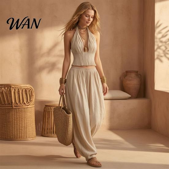 V-neck Women Top Women's Halter Sleeveless Summer 2 Piece Sets, Pleated Ruffle Backless Simple Clothing Set V Neck And Wide Leg Pants Matching Outfits