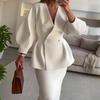 Women's White V-Neck Puff Sleeve Blouse with Slim Fit Skirt Set, Elegant Office Wear