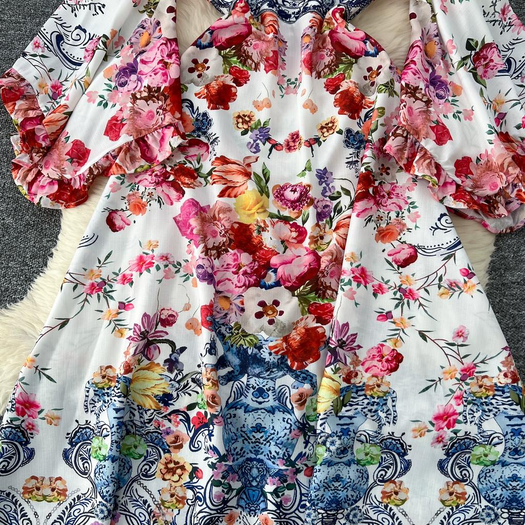 Весна Осень Женские Винтажные Принты V-образный вырез Расклешенные Рукава Длинные Макси Праздничные Пляжные Платья