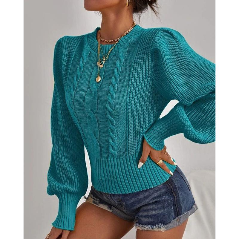 Autumn and Winter Solid Loose Knitwear Pullover Women Fashion New Round Neck Knitted Sweater Woman Vintage Lantern Sleeve Twists Sweaters 24592