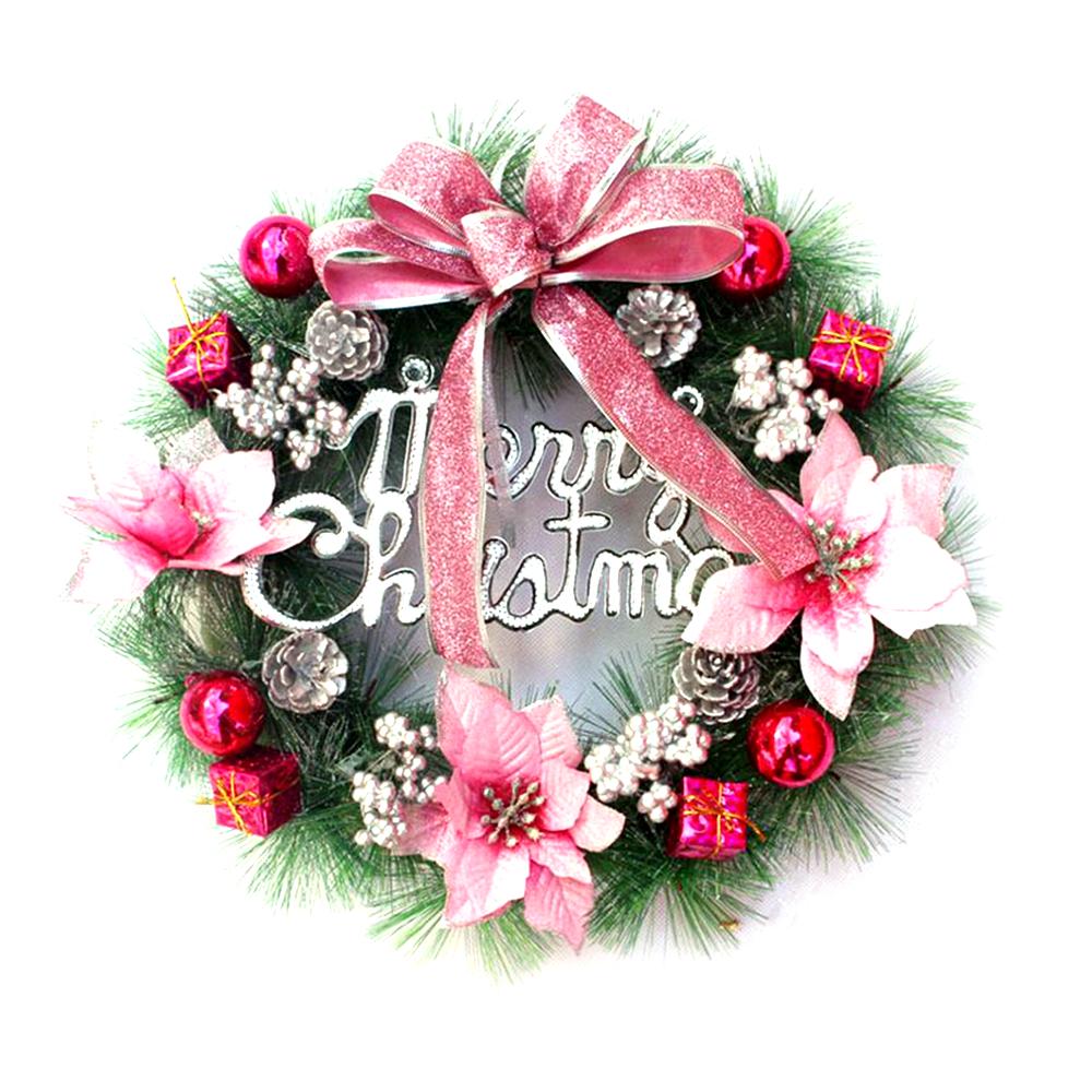 Christmas Wreath with Led String Light Garland Merry Christmas Front Door Wreath Artificial Plants Flower Wall Window Hanging Ornament