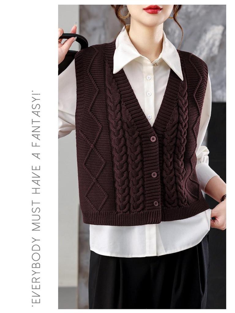 Women's Loose Wool V-Neck Sleeveless Sweater Vest for Autumn & Spring