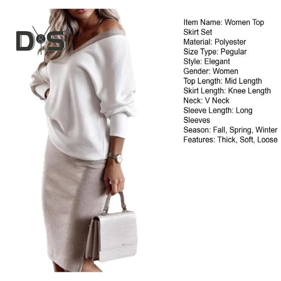 Fall Winter Women Top Skirt Set V Neck Long Sleeves Loose Elastic Blouse Knitted Sheath High Waist Slim Fit Knee Length Midi Skirt Sweater Top Skirt
