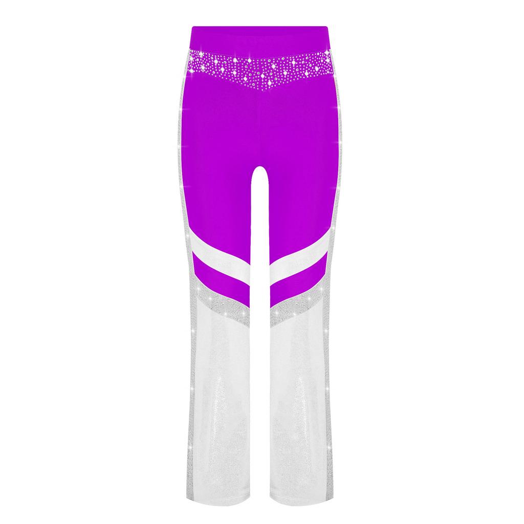Girls Shiny Rhinestone Flared Pants Elastic Waistband Color Block Bell Bottom Gymnastics Costume