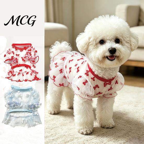 Bow Pattern Pet Dress Sheer Mesh Dog Dress, Ruffled Cute Bowknot Loose Puff Sleeve Sleeve, Breathable Summer Outfit for Small Dogs