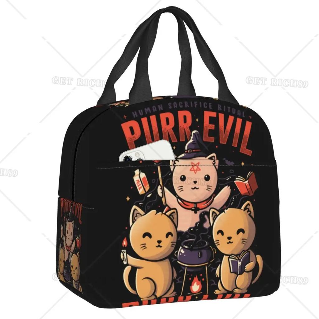 Satanic Cat Insulated Lunch Bag Waterproof Thermal Cooler Lunch Box with Side Pocket for Women Men Kids Camping Travel