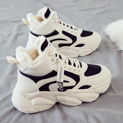Женские плюшевые высокие хлопковые кроссовки - зимняя мода 2024 года, белые туфли для папы (JA09)
