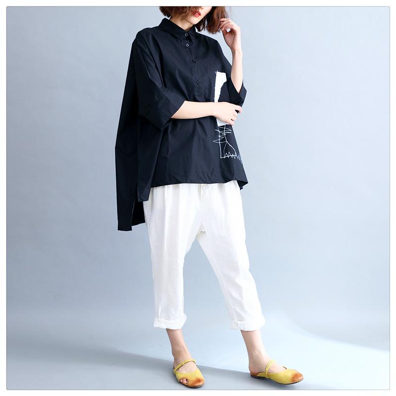 Dimanaf Женская одежда Повседневная женская рубашка Блузка Черная объемная принтованная футболка Туника Хлопковая свободная футболка на пуговицах 2024 Весна Лето