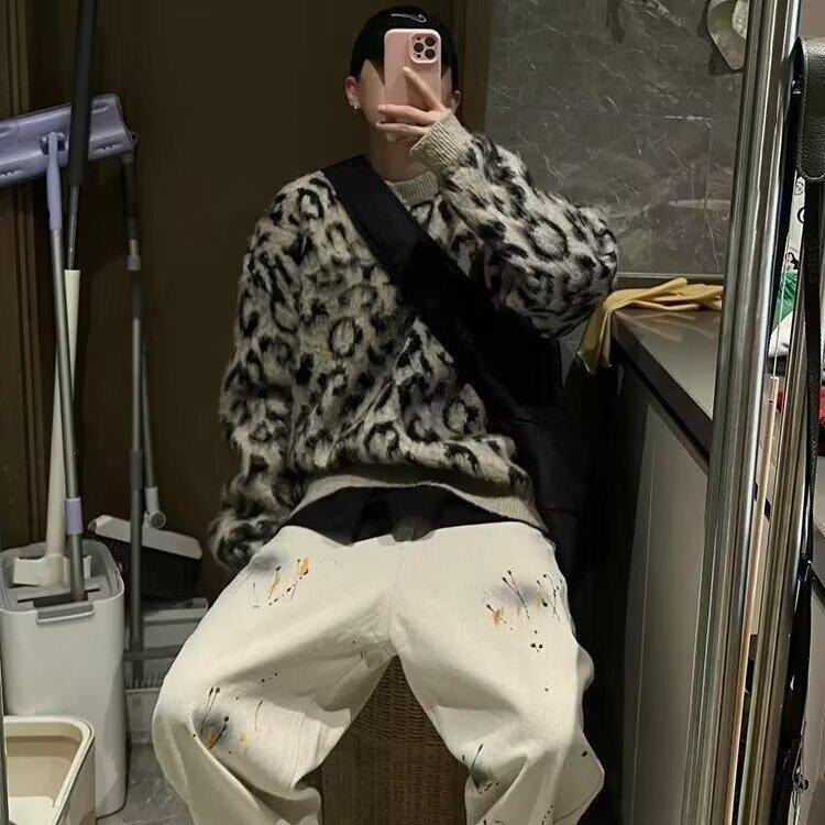 Мужской ретро-свитер с леопардовым принтом - Высококачественный вязаный свитер в стиле колор-блок