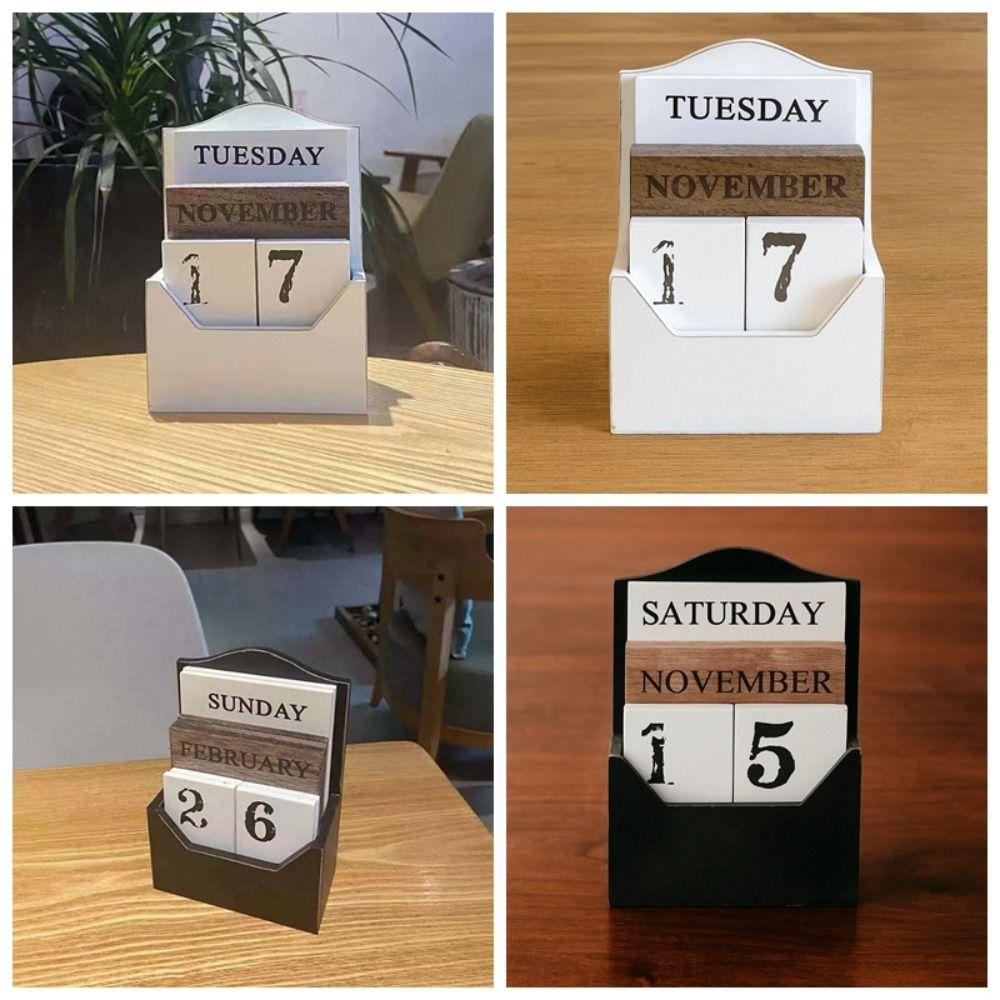 Aesthetic Wooden Perpetual Calendar Manual Reusable Desk Calendar Ornament Home Decoration Black Date Display Ornament