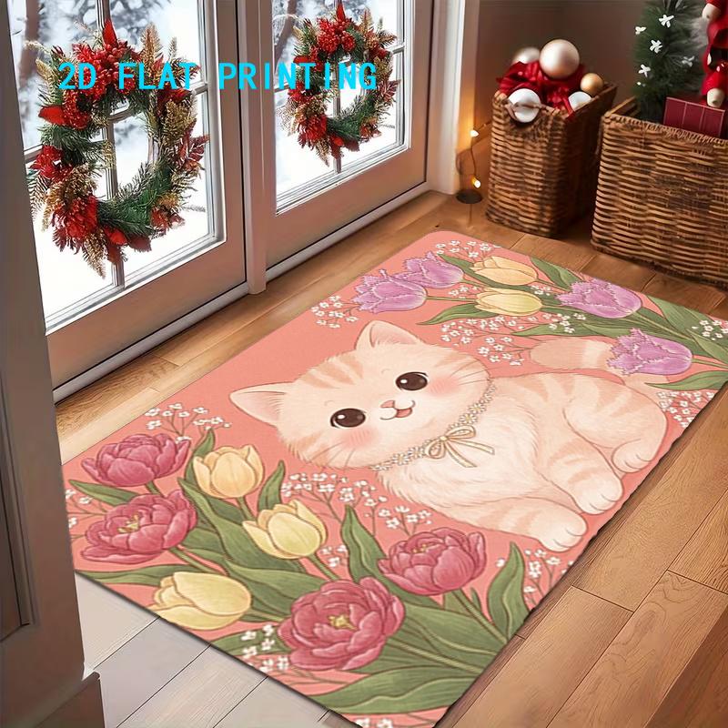 1pc, 2D Flat Printing, Pink Tulip Cat Home Mat, Cartoon Entrance Door Rug, Colorful And Non-Slip, Machine Washable Carpet, Suitable for Home Decor, En