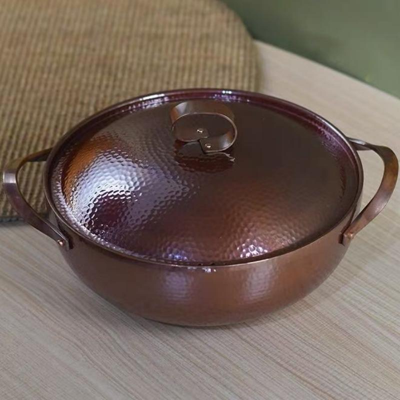 Винтажный Медный Горшок, Горячий Горшок с Молоточком, Кухонная Утварь для Варки, Тушения и Рагу из Макарон, С крышкой 26 см, Ручные Горшки