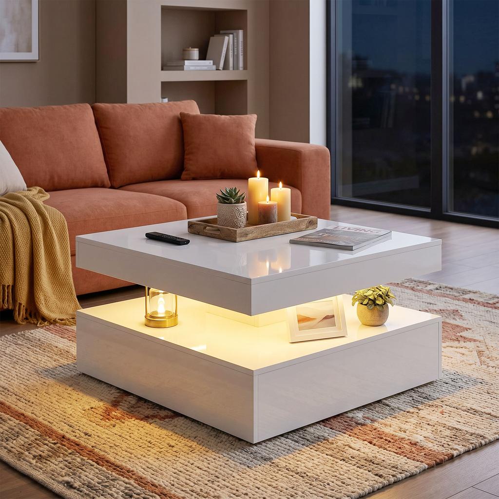 LED Coffee Table with Storage, 2-Tier Modern Centre Table with Open Shelf and Remote for Living Room, High Gloss White