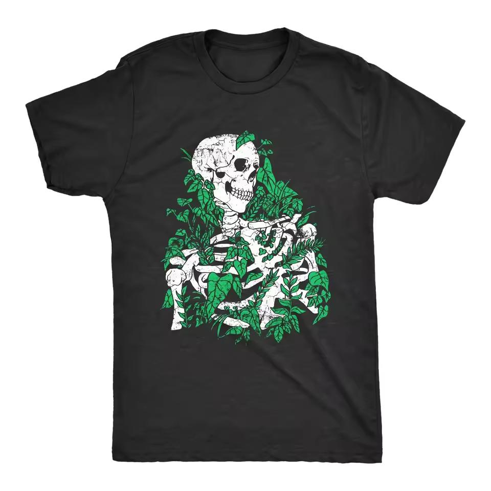 Male Skull Overgrown with Weeds Tee Fun Death Nature Lover Comfortable and Soft Trendy Funny Daily Sports Wear Men's Clothing