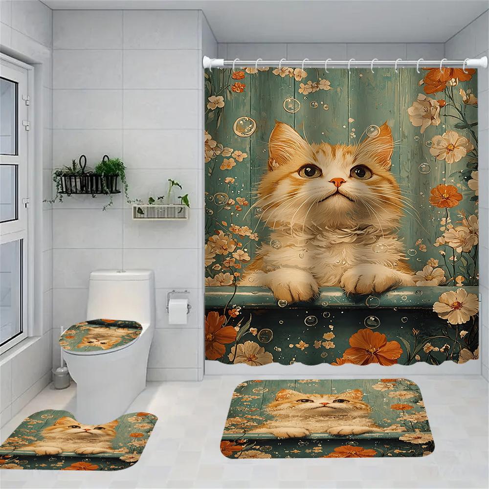 1/4 flowers and plants print shower Curtains, Toilet Seat Decoration, Shower Curtain with Carpet and Toilet Lid, 70.8x70.8 inch