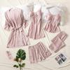 Women's Silk Five-Piece Pajama Set: Spring/Autumn Nightdress & Robe with Chest Pad