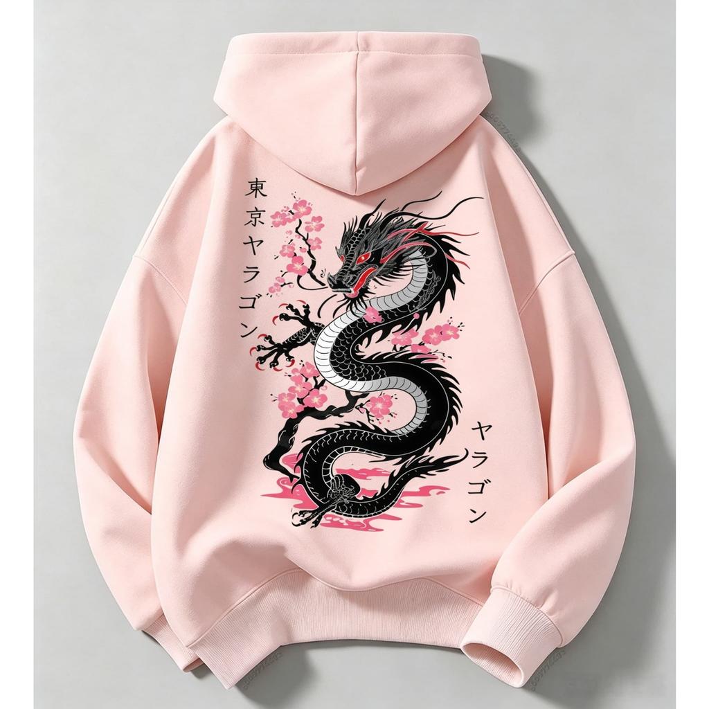 Vintage Japanese Streetwear Kids Hoodie Black Dragon Sakura Cherry Blossom Print Loose Oversized Pullover For Boys Girls