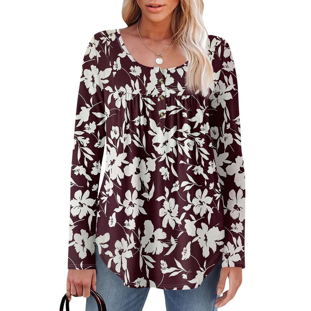 Женская туника с длинным рукавом, свободные топы, повседневные топы оверсайз, плиссированная туника, застегивающаяся на пуговицы, повседневные женские топы с принтом