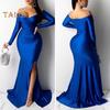 Lady Evening Dress V Neck Off Shoulder Side Slit Floor Length Long Sleeves Pleated Slim Fit Maxi Dress Ball Gown Banquet Party Dress