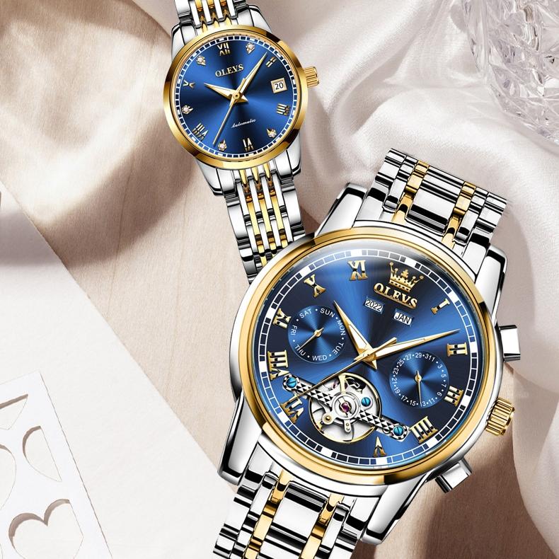 OLEVS Брендовая модная тенденция, повседневная пара механических выражений, часы для мужчин и женщин