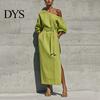 Daily Wear Dress Women One Shoulder Long Dress, Solid Color Tie Waist Side Split Everyday Dresses Casual Party Sleeve Maxi for Summer Office