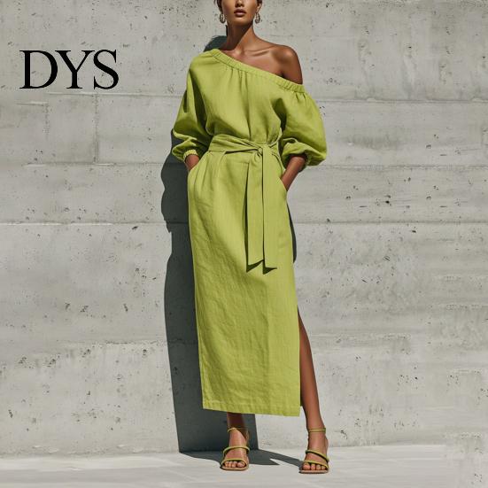 Daily Wear Dress Women One Shoulder Long Dress, Solid Color Tie Waist Side Split Everyday Dresses Casual Party Sleeve Maxi for Summer Office