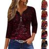 Women's Fashion Casual Christmas Tree Print V-Neck Decorative Button Three-Quarter Sleeve T-Shirt Top