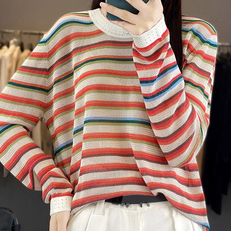 Women Sweaters Pullovers 2025 Autumn Winter Long Sleeve O-Neck Striped Knitted Sweater Women Tops Pullover JJ174