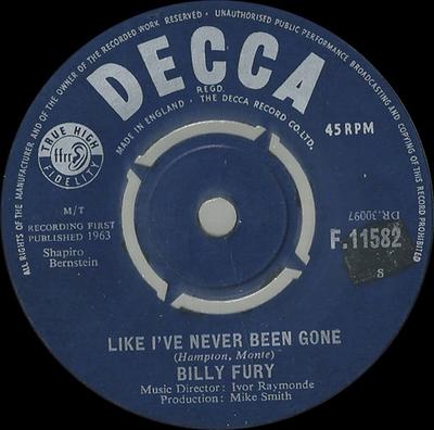 7-дюймовая пластинка BILLY FURY - Like I've Never Been Gone 45F11582 Decca 1963 UK Рок Б/У