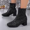 Fashion Sequins Women Boots Round Toe Chunky Heels Ankle Boots Women Autumn Winter Large Size Party Shoes Women Botas De Mujer