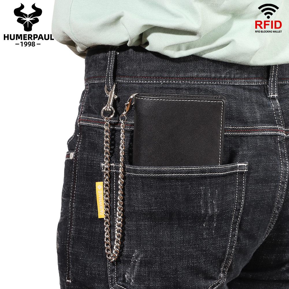 Humerpaul Упаковка подарочной коробки Натуральная кожа Мужской кошелек Rfid-кисть Тонкая сумка для карточек Противоугонная цепочка