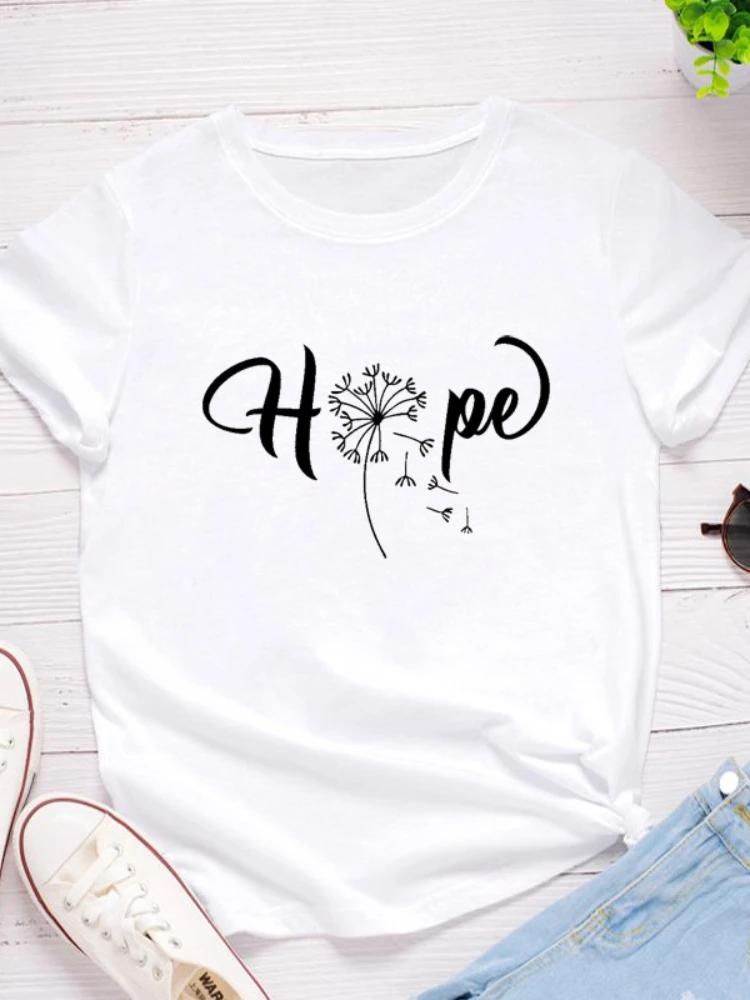 Dandelion Hope Letter Print Женская футболка с коротким рукавом и круглым вырезом Свободная женская футболка Женская футболка Топы Одежда Camisetas Mujer