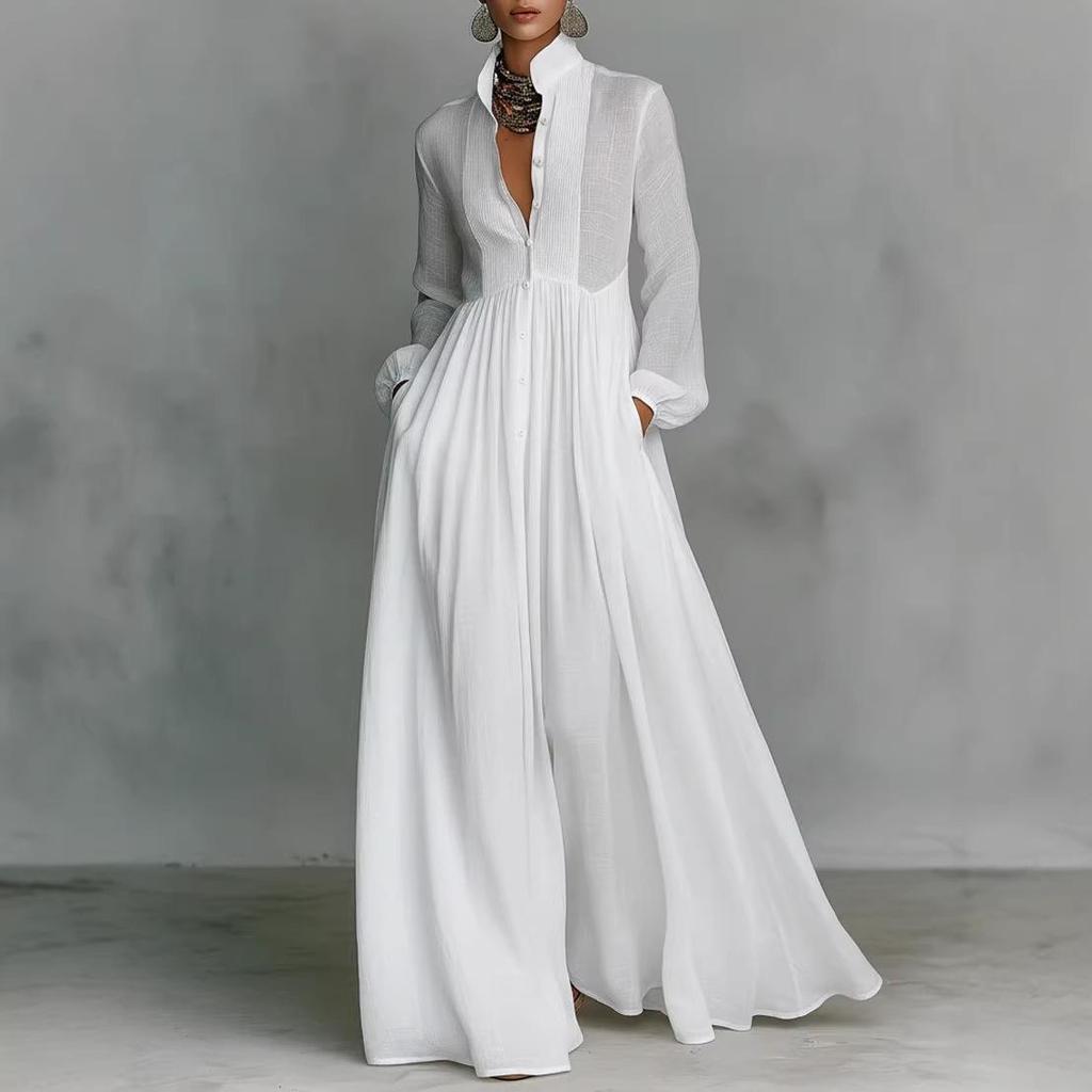 2026 Французское белое плиссированное платье с поясом, длинным рукавом, для праздника