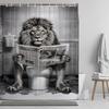 Funny Lion Shower Curtain, Humor Animal on Toilet Shower Curtains Set Curtains, Large Cat Man Grey Bathroom Curtain 72x72 inch