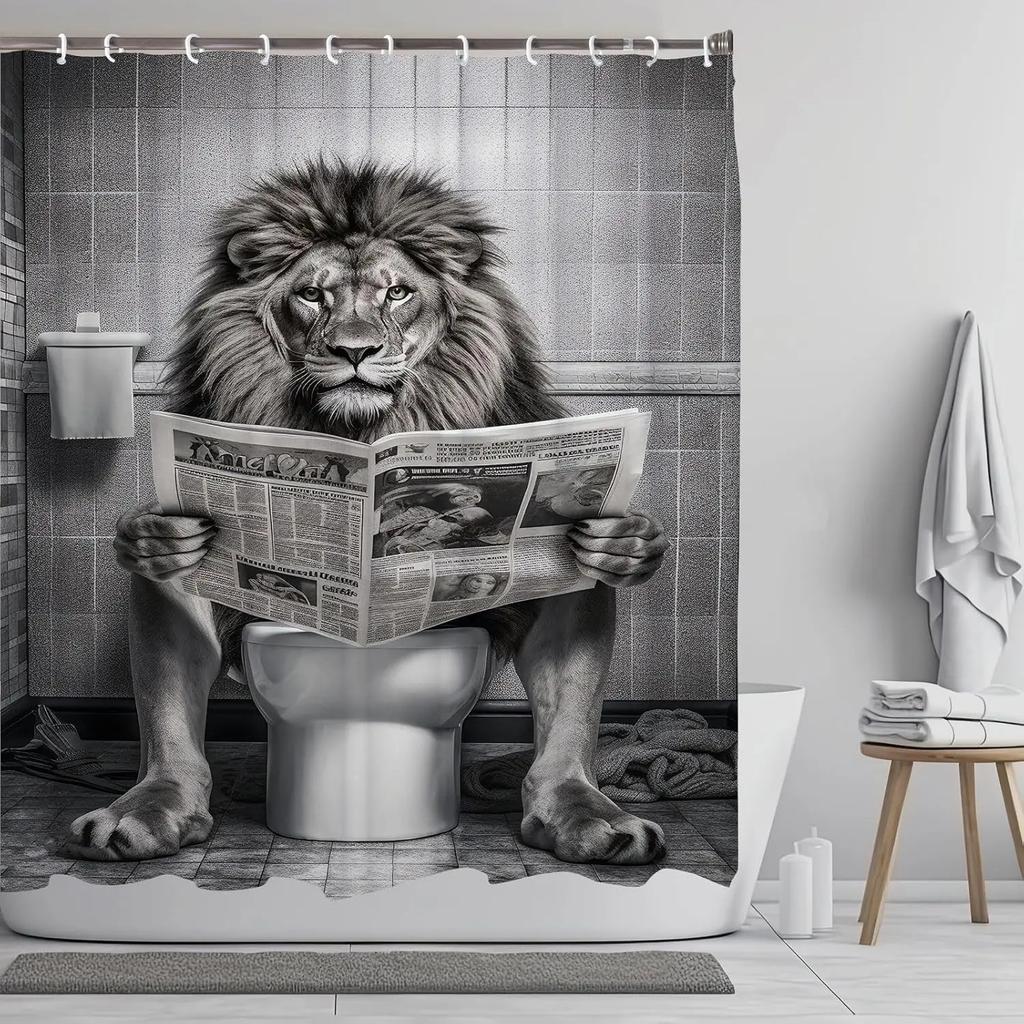 Funny Lion Shower Curtain, Humor Animal on Toilet Shower Curtains Set Curtains, Large Cat Man Grey Bathroom Curtain 72x72 inch