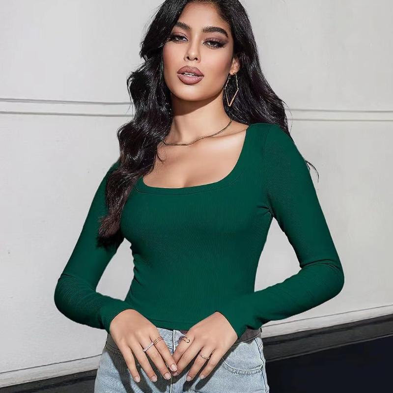 Women's Threaded Slim Fit Long Sleeve Square Neck T-shirt for Women S-XL Belly Button Top