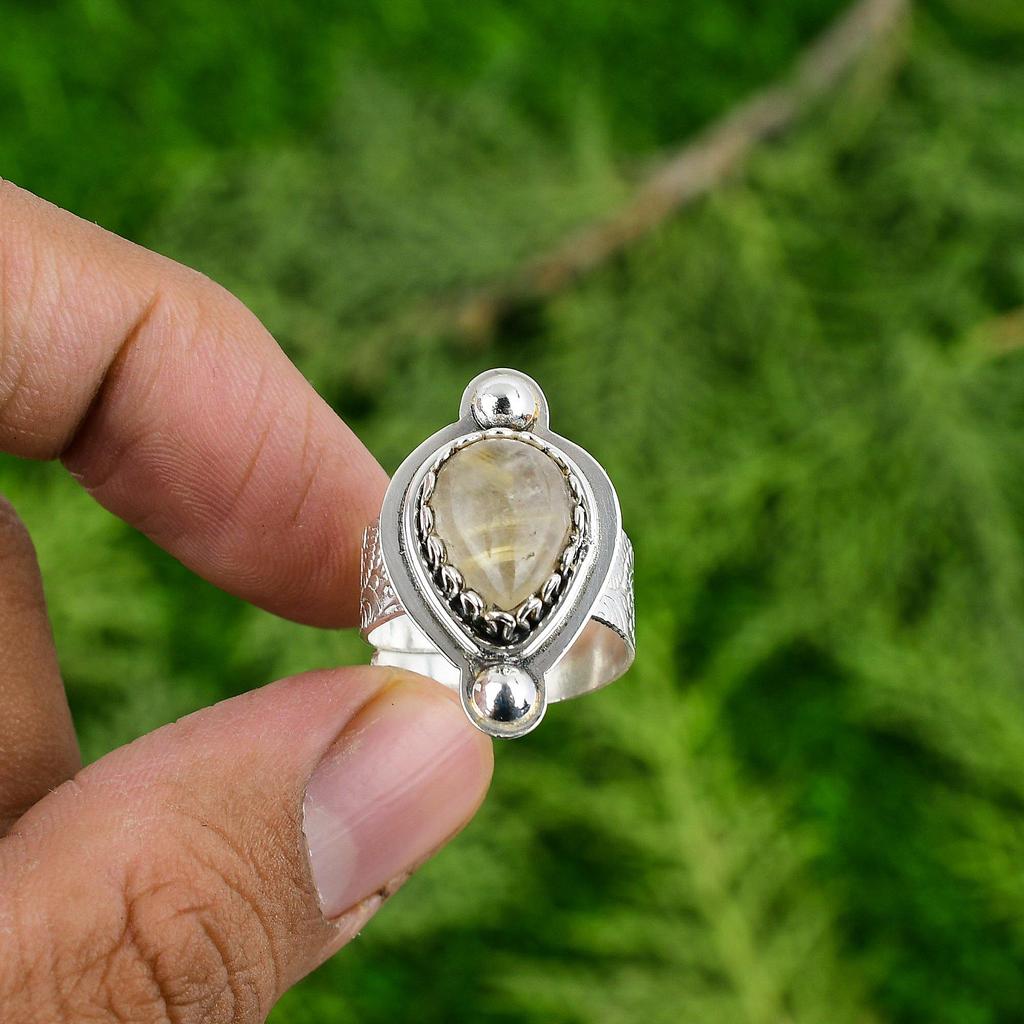 Gift For Her 925 Silver Natural Golden Rutile Gemstone Solitaire Adjustable Ring