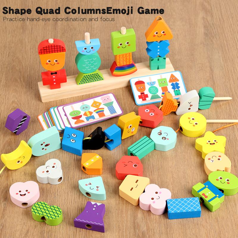 Wooden Expression Block Stacking Matching Game Montessori Parish Toys Shape Color Cognition Sorting Fine Motor Skills Education