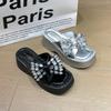 2024 High Quality Summer Thick Soled Women's Slippers Rhinestone Bow Thick Soled Flat Slippers for Women Outdoor Leisure Beach