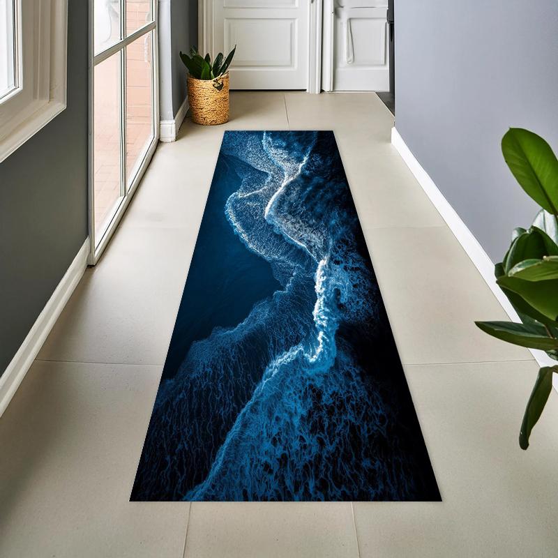 Aerial Deep Blue Coast White Foam Wave Nautical Felt Runner Rug Non Slip Wear Resistant Ocean Beach Long Hallway Floor Mat