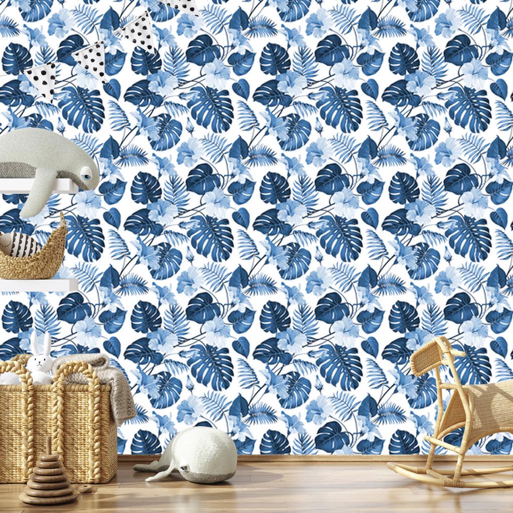 Wallpaper Blue Tropical Leaves and Flowers for Living Room and Bedroom 50x1000