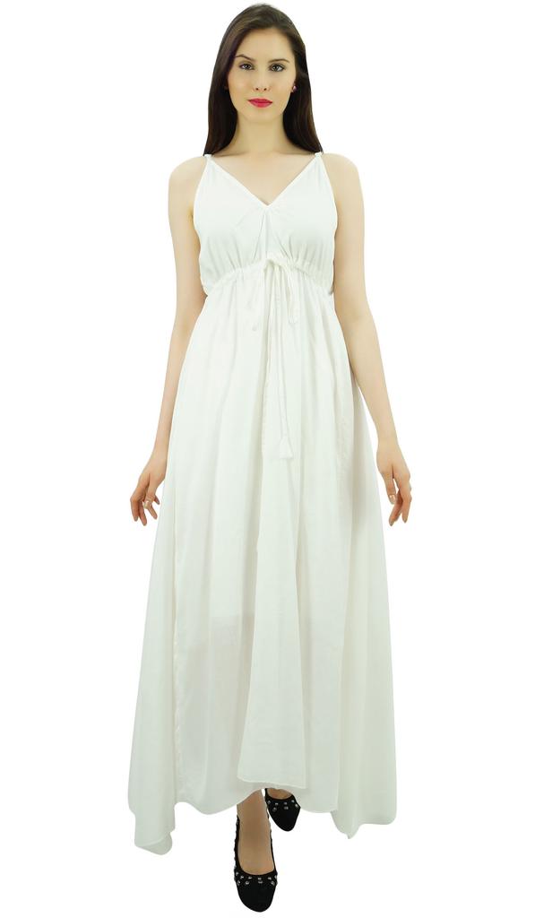 Bimba Women's Long Maxi Cotton Beach Dress Drawstring Waist Strappy Resort