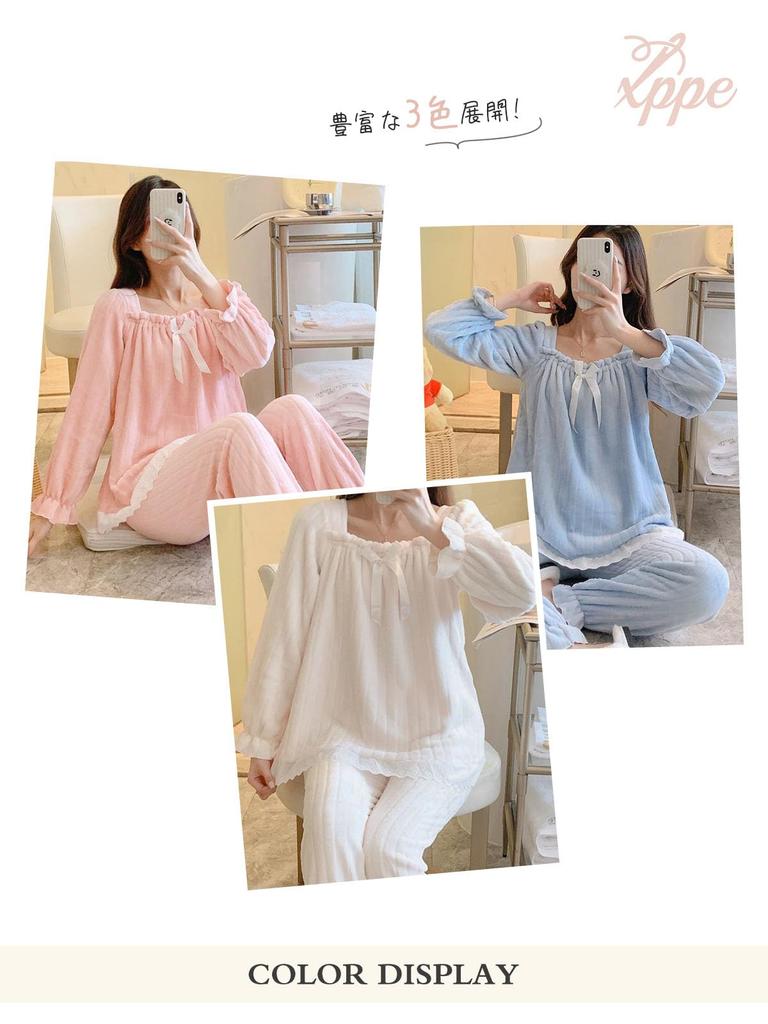 Xppe Pajama Square Neck with Flannel Warm Long Round Long Elastic Loose Perfect for and Winter Women's Set, Ribbon, Lace, Loungewear, Sleeves, Neck,