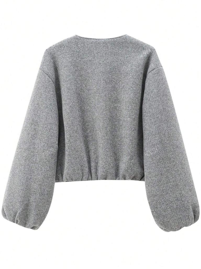 Women's Autumn/Winter Bomber Jacket - Round Neck, Drop Shoulder, Lantern Sleeve, Street Style Zip Cardigan