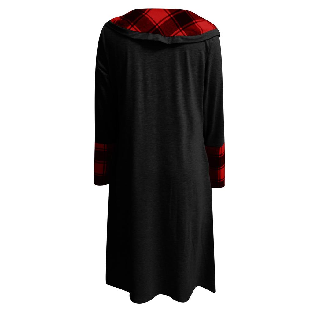Women's Fashion Plaid Stitching Button Pockets Pile Neck Long Sleeve Dress