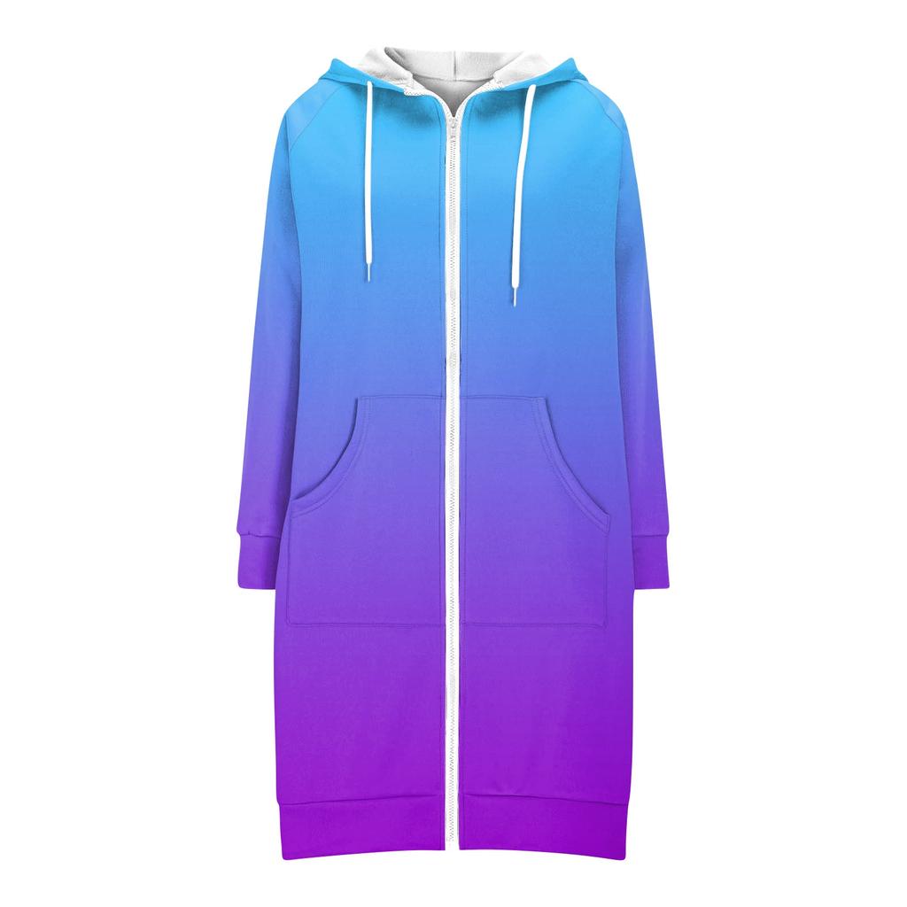 Women's Fashionable Printed Long Sleeved Drawstring Hooded Zipper Pocket Long Casual Sweatshirt Jacket