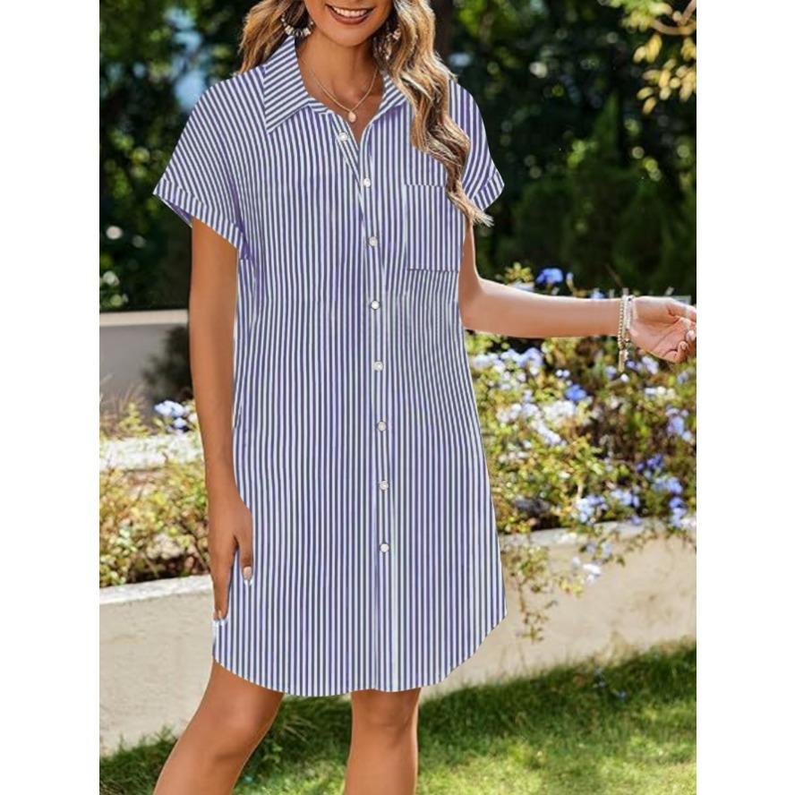 YYFS Женская мода лето весна полосатый принт короткий рукав поло воротник свободная талия повседневные платья