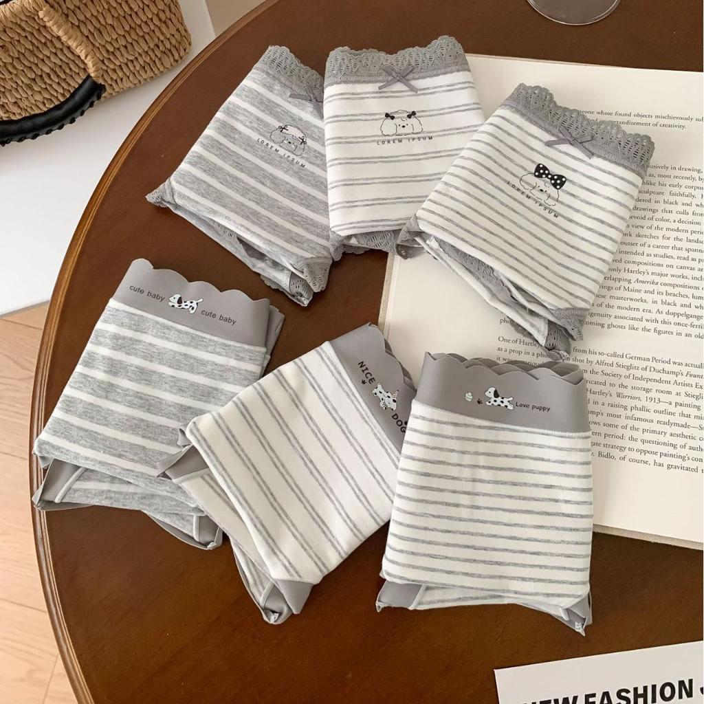 A053 Женские мягкие серые и белые полосатые трусы-треугольники - Гипоаллергенные, облегающие бедра, из чистого хлопка, антибактериальные. Стиль для подростков, Коллекция 2025.